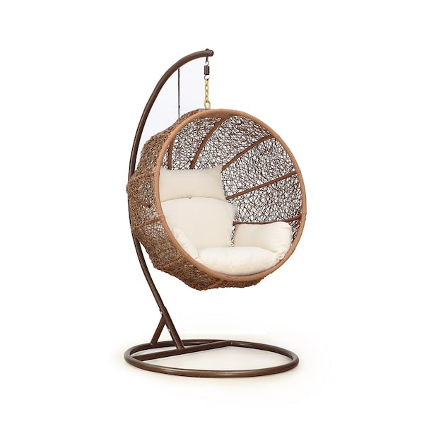Manhattan Comfort Zolo Hanging Lounge Egg Swing Chair in Cream and Saddle Brown, PK2 OD-HC001-CR - main